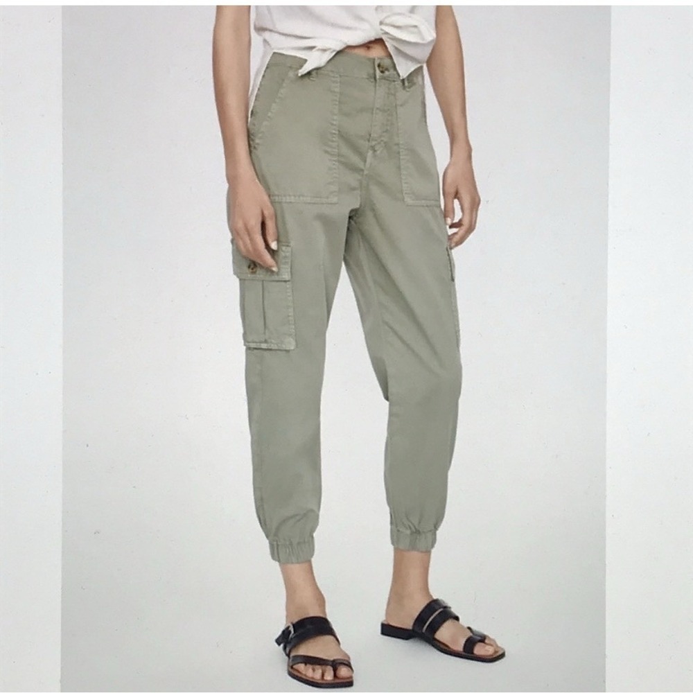 Zara Cargo Jogger Pants Sz 6 Sage Green Relaxed Zip Pockets Elastic Cuff Casual